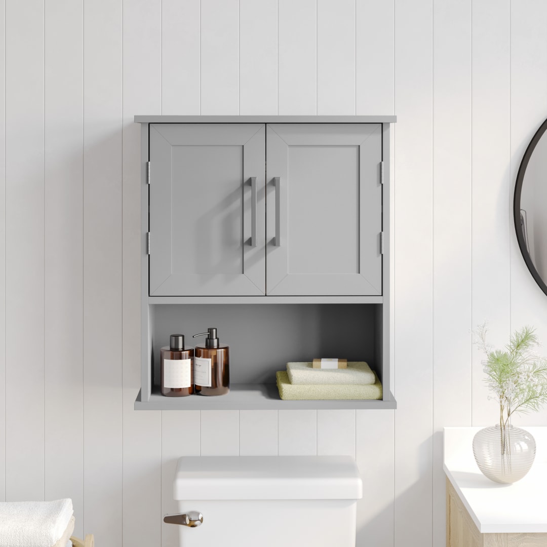 Vega Wall Mounted Bathroom Medicine Cabinet Storage Organizer with Two Magnetic Closure Doors, Adjustable Shelf, and Lower Open Shelf in Gray