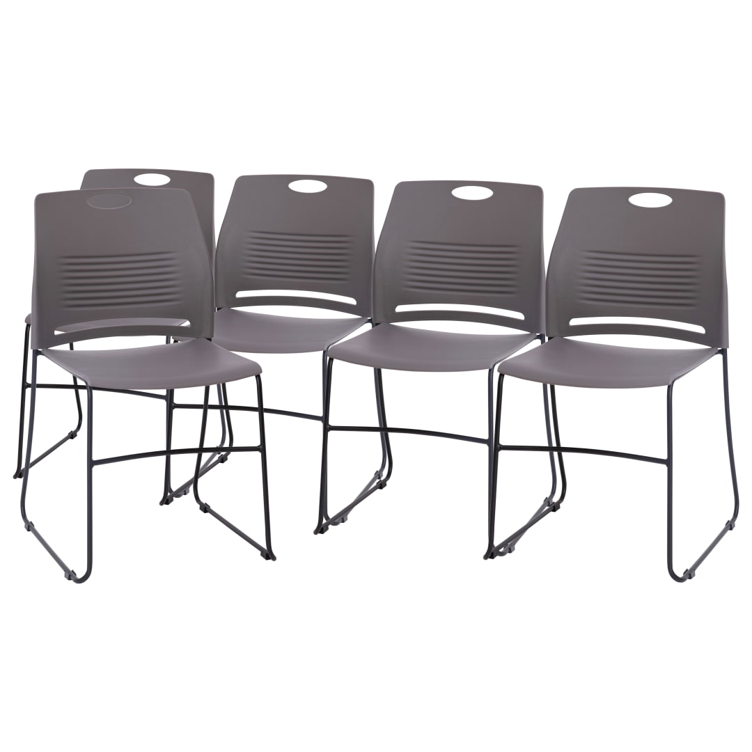 HERCULES Series Set of 5 Commercial 660 lb. Capacity Gray Plastic Stack Chairs with Black Powder Coated Sled Base Frames and Carrying Handle
