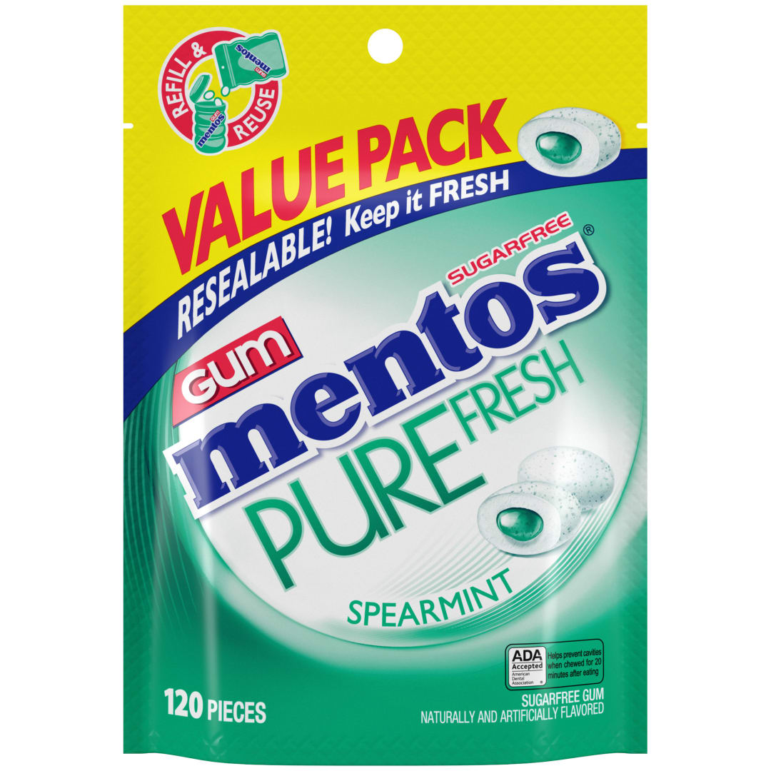 Mentos Gum Pure Fresh Sugar Free Chewing Gum Spearmint 120 pc Stand Up Pouch