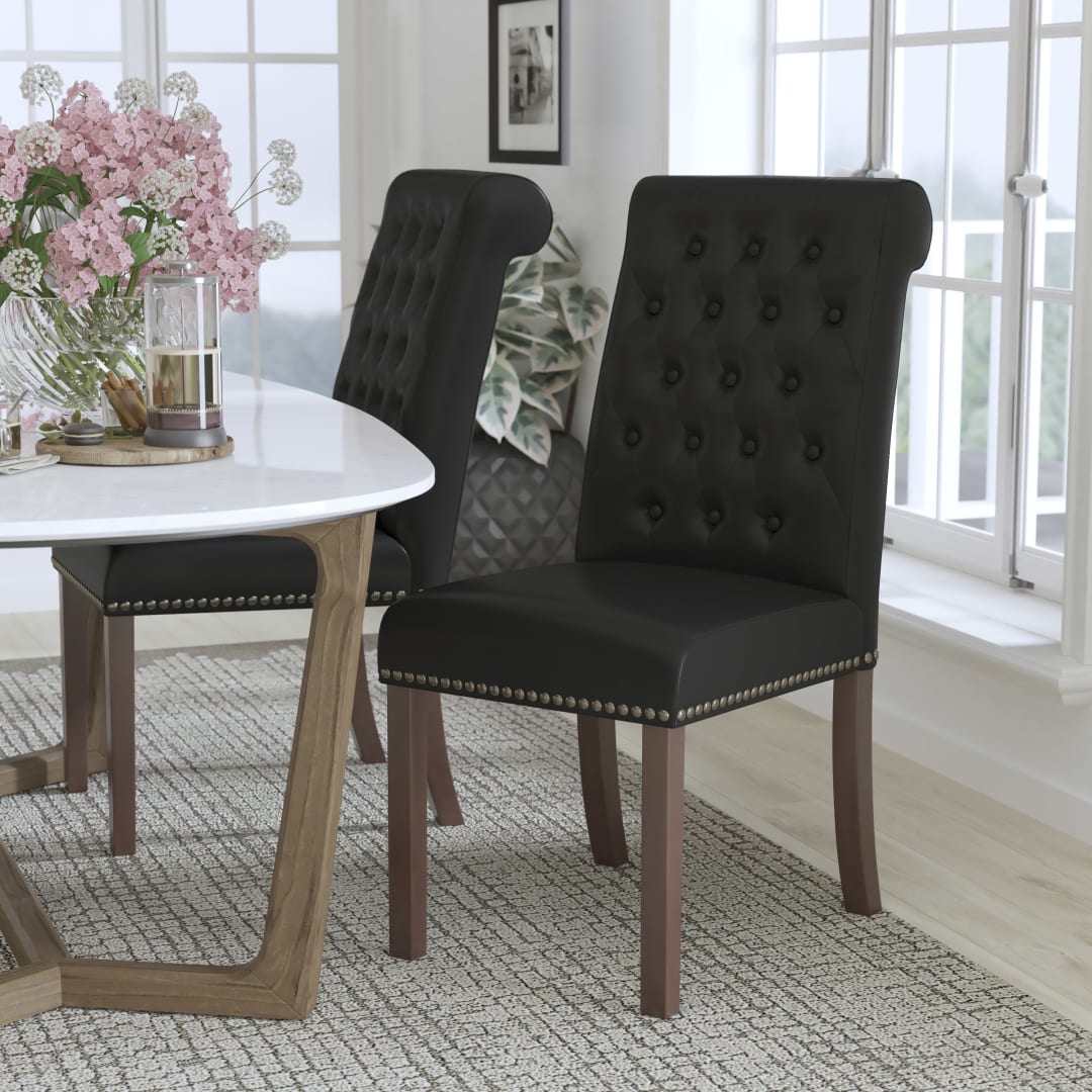 HERCULES Series Black LeatherSoft Parsons Chair with Rolled Back, Accent Nail Trim and Walnut Finish