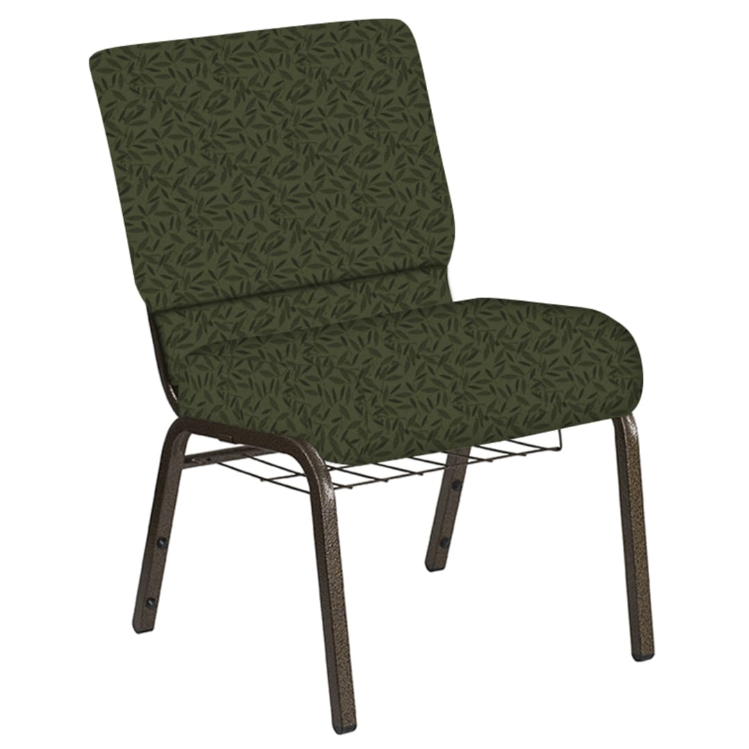 Embroidered 21''W Church Chair in Jasmine Fern Fabric with Book Rack - Gold Vein Frame