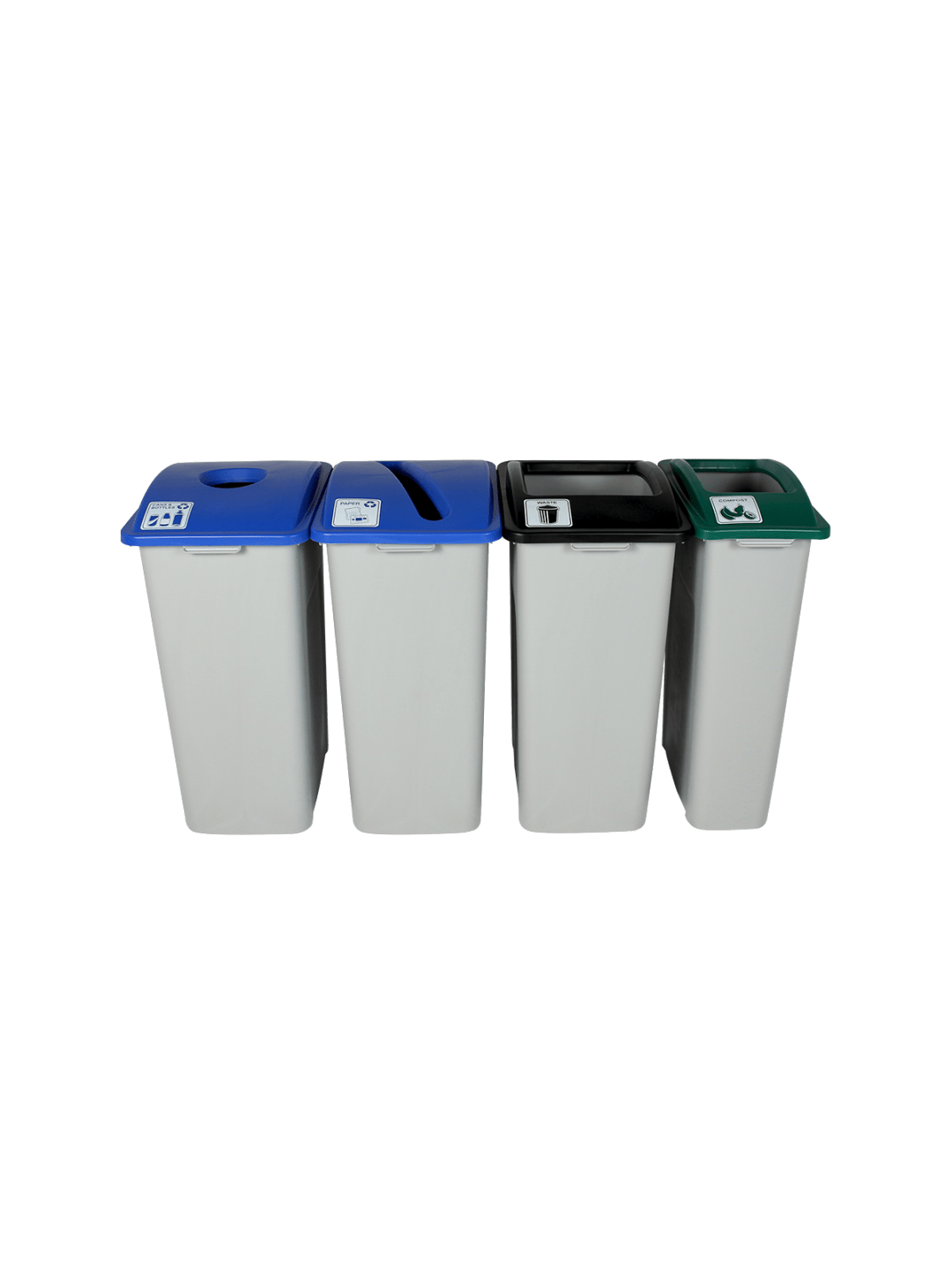  WASTE WATCHER - Quad - Kit - Xl - Cans &amp; Bottles-Paper-Compost-Waste - Circle-Slot-Full - Grey-Blue-Blue-Green-Black