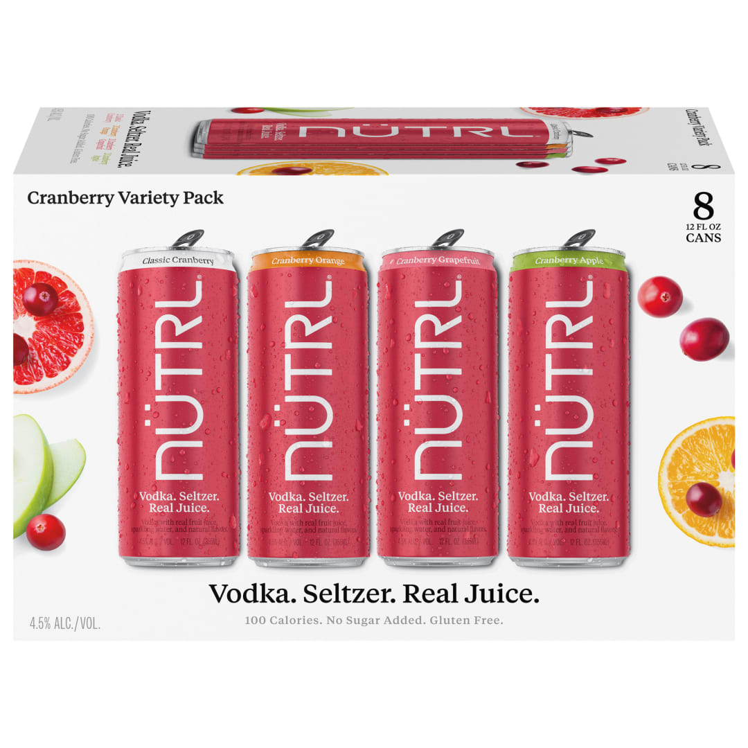 Nutrl Vodka Seltzer Cranberry FOUR FLAVOR Variety Pack 8x12 oz Can Sleek Pack CARRIER - Top Handle Spot UV - Cranberry, Cranberry Grapefruit, Cranberry Orange and Cranberry Apple - SL Coating