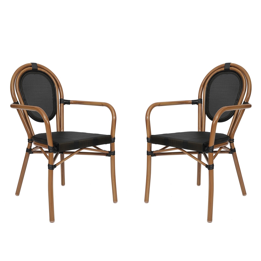 2 Pack Marseille Indoor/Outdoor Commercial Thonet Bistro Stacking Chair with Arms, Black Textilene and Bamboo Print Aluminum Frame in Natural