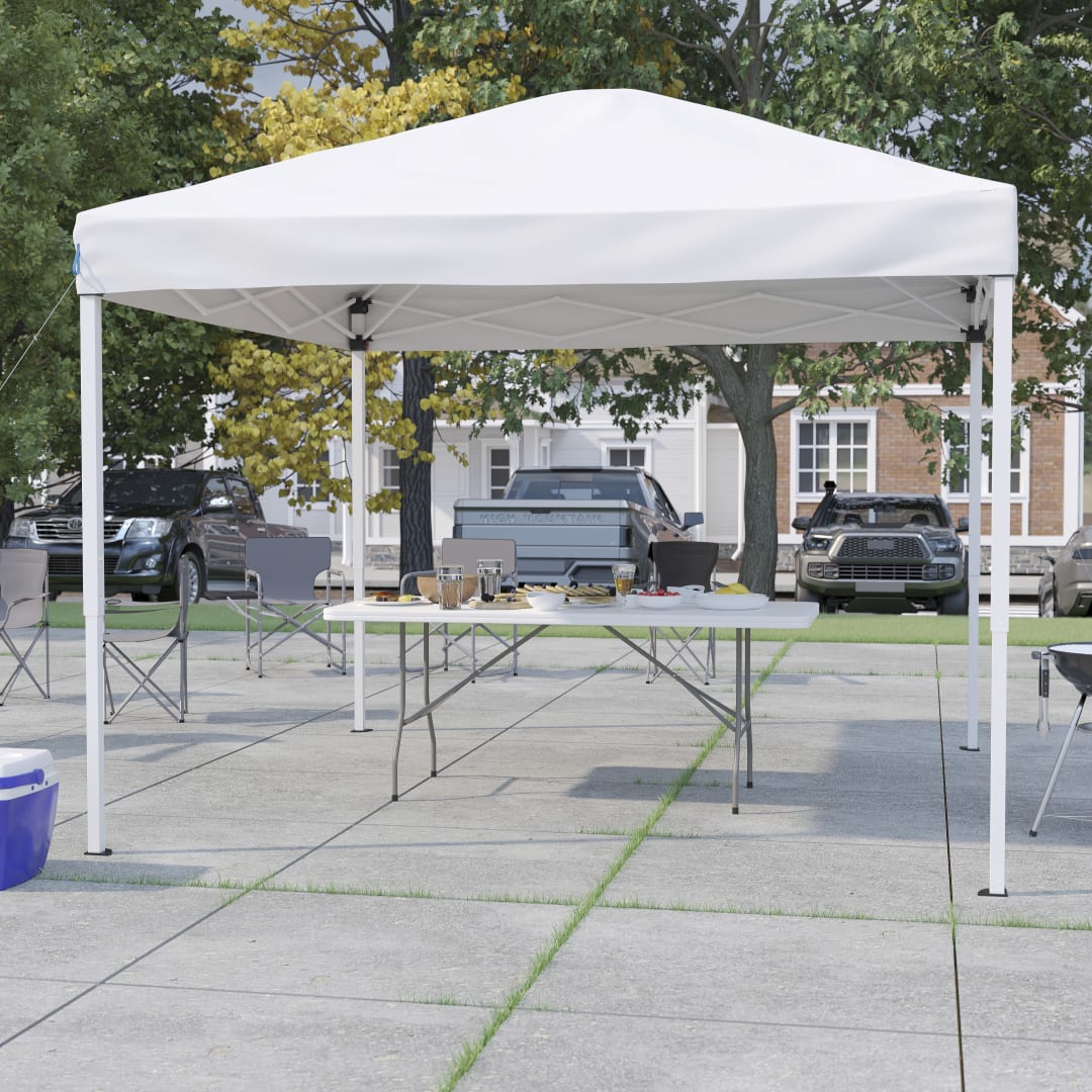 Otis 10'x10' White Pop Up Event Canopy Tent with Carry Bag and 6-Foot Bi-Fold Folding Table with Carrying Handle - Tailgate Tent Set