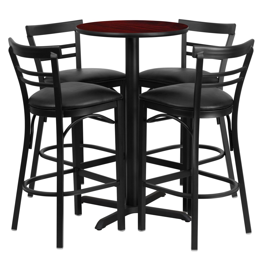 Carlton 24'' Round Mahogany Laminate Table Set with X-Base and 4 Two-Slat Ladder Back Metal Barstools - Black Vinyl Seat
