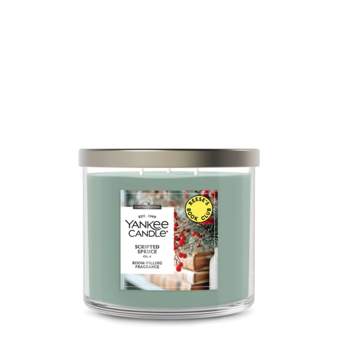 Yankee Candle x Reese’s Book Club, Scripted Spruce, Winter Scented Candle, Fir Needles Scent, Crisp Sea Salt Scent, 14.5oz 3-Wick Candle Jar with up to 40 Hours Burn Time, Giftable