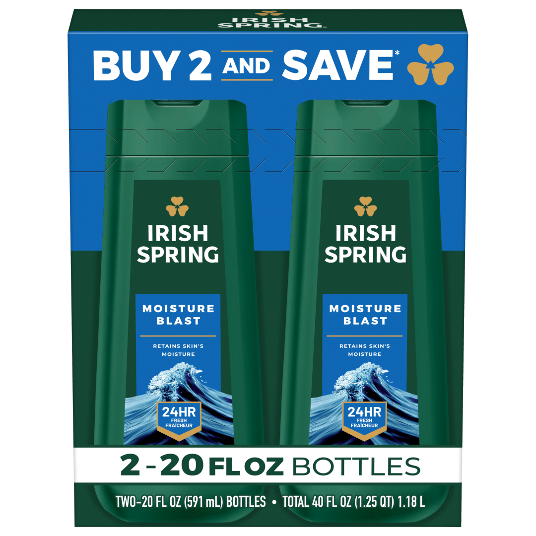 Irish Spring Moisture Blast Moisturizing Body Wash for Men, 24-Hour Fresh, Face and Body Wash, Men’s Body Wash, Biodegradable Ingredients, Paraben Free, Cool Fresh Scent, 20 fl oz Bottle (2 Pack)