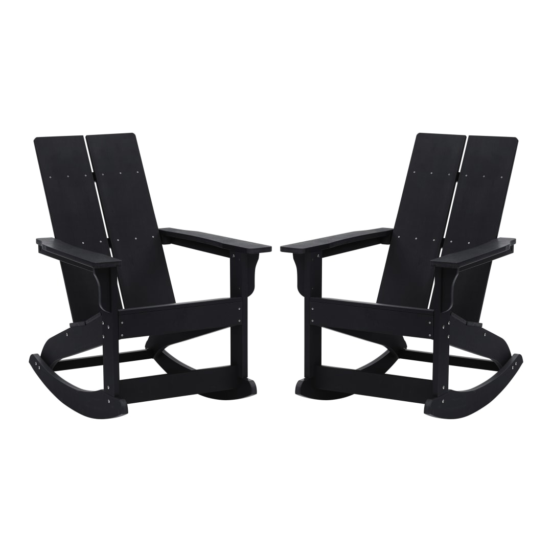 Finn Modern Commercial Grade All-Weather 2-Slat Poly Resin Rocking Adirondack Chair with Rust Resistant Stainless Steel Hardware in Black - Set of2