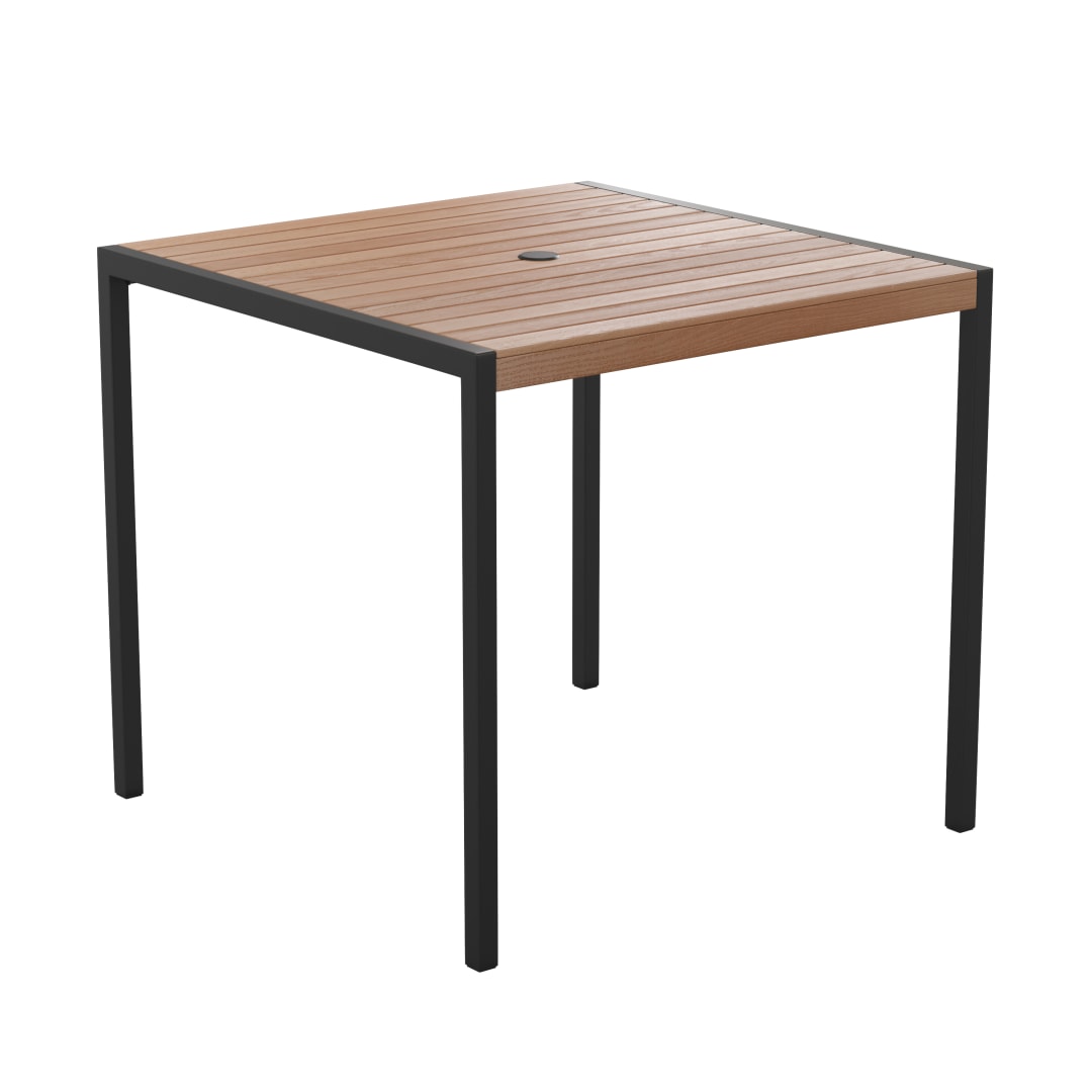 Lark Outdoor Dining Table with Synthetic Teak Poly Slats - 35" Square Steel Framed Restaurant Table with Umbrella Holder Hole