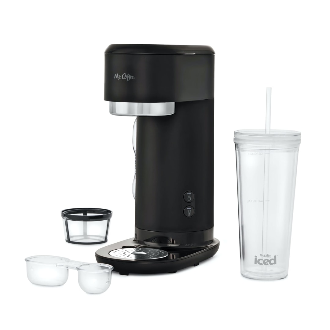 Mr. Coffee Single-Serve Iced and Hot Coffee Maker with Reusable Tumbler and Coffee Filter, Black