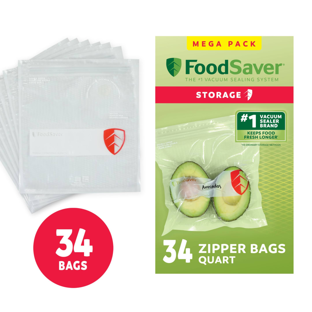 FoodSaver Reusable Quart Vacuum Zipper Bags, 34 Count BPA-Free Storage Bags for Food, Sous Vide, and Meal Prep, Compatible with Handheld Sealers