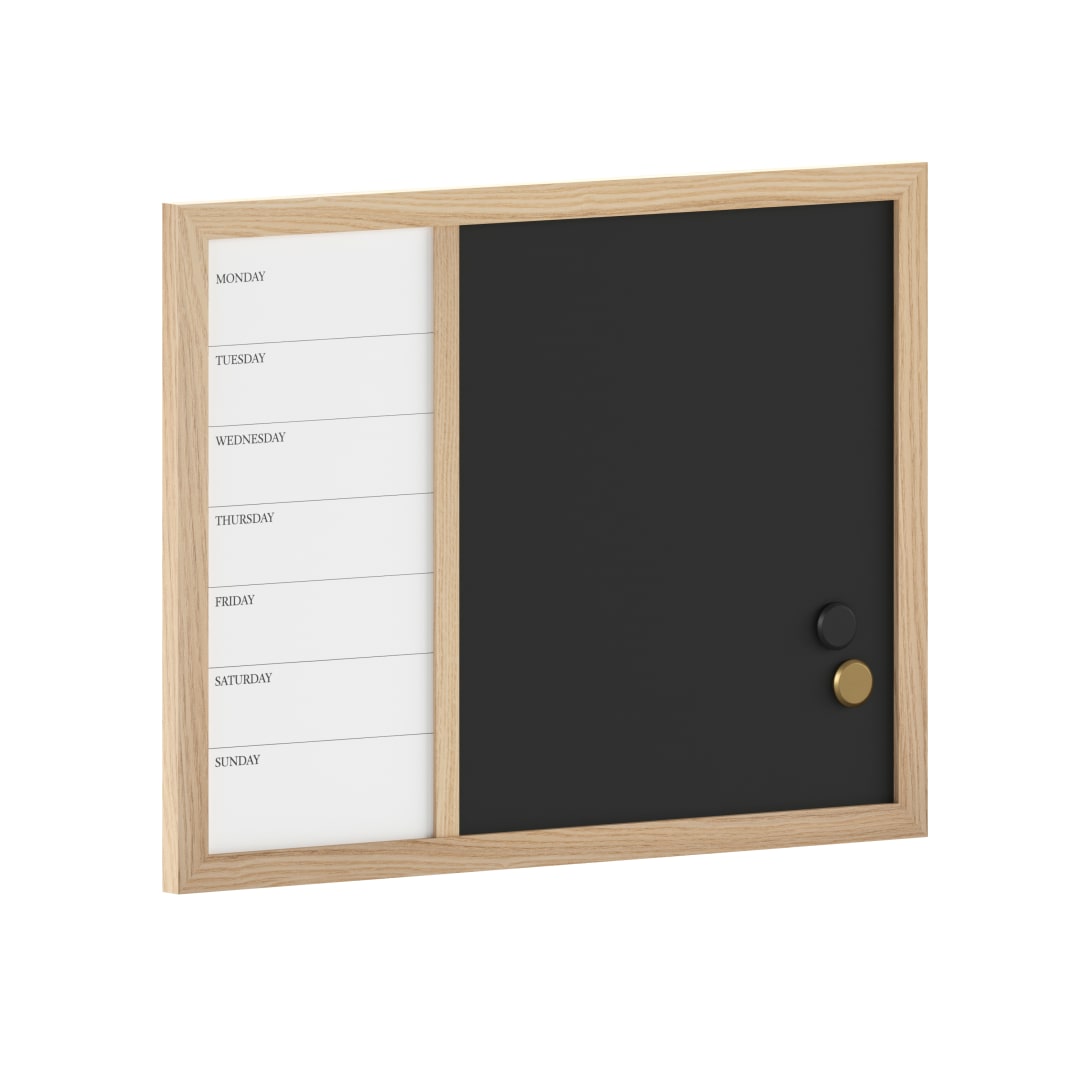 Everette 24"x18" Magnetic Weekly Calendar Dry Erase Board and Chalk Board with Liquid Chalk Marker and Magnets, Light Natural Woodgrain Frame