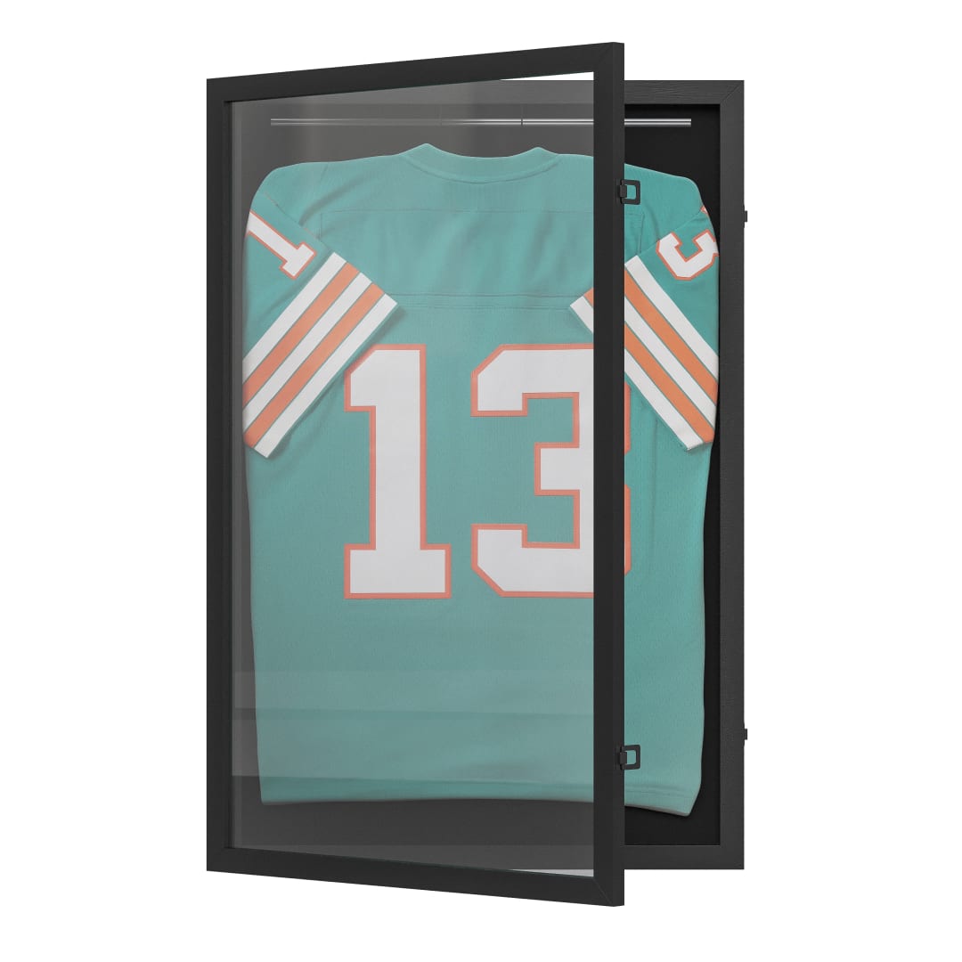 Banks 24x36 Jersey Display Case with Solid Pine Wood Frame, UV Treated Acrylic Window, Velvet Backing Board, and Anti-Theft Lock in Black