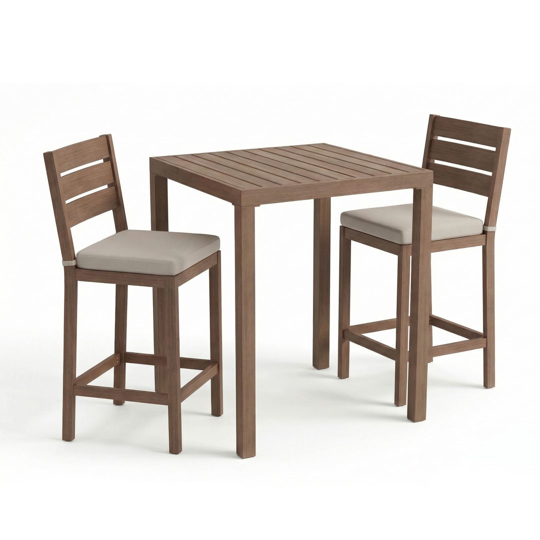 Bedford 3 Piece Aluminum Patio Set, 2 Bar Stools with Cream Cushions, 35.5" Square Patio Table, Brown Brushed Woodgrain Finish