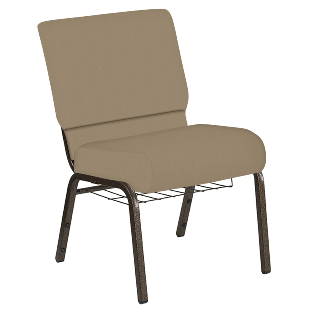Embroidered 21''W Church Chair in Bonaire Creamy Gold Fabric with Book Rack - Gold Vein Frame