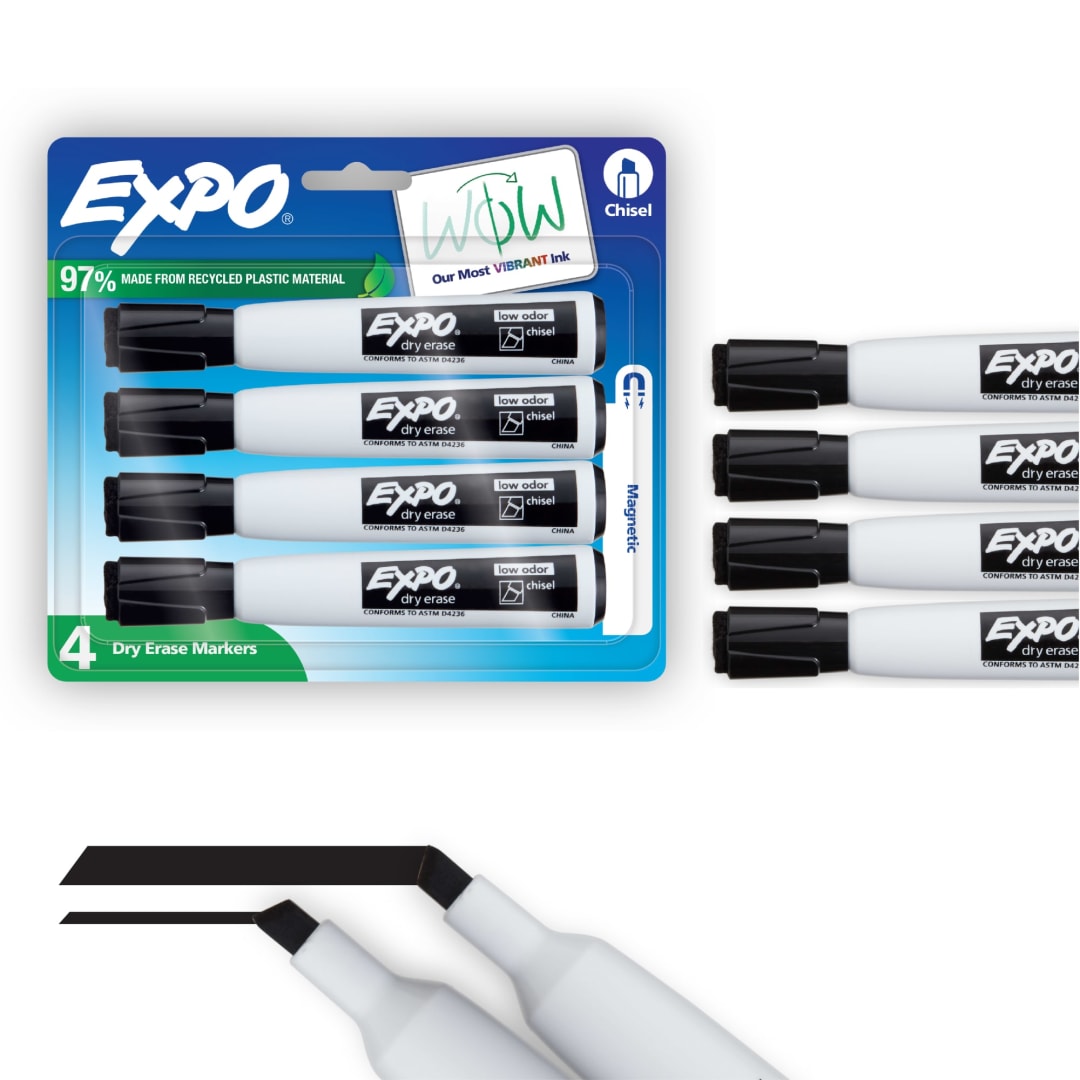 EXPO Magnetic Dry Erase Markers with Eraser, Black, Chisel Tip, 4 Count