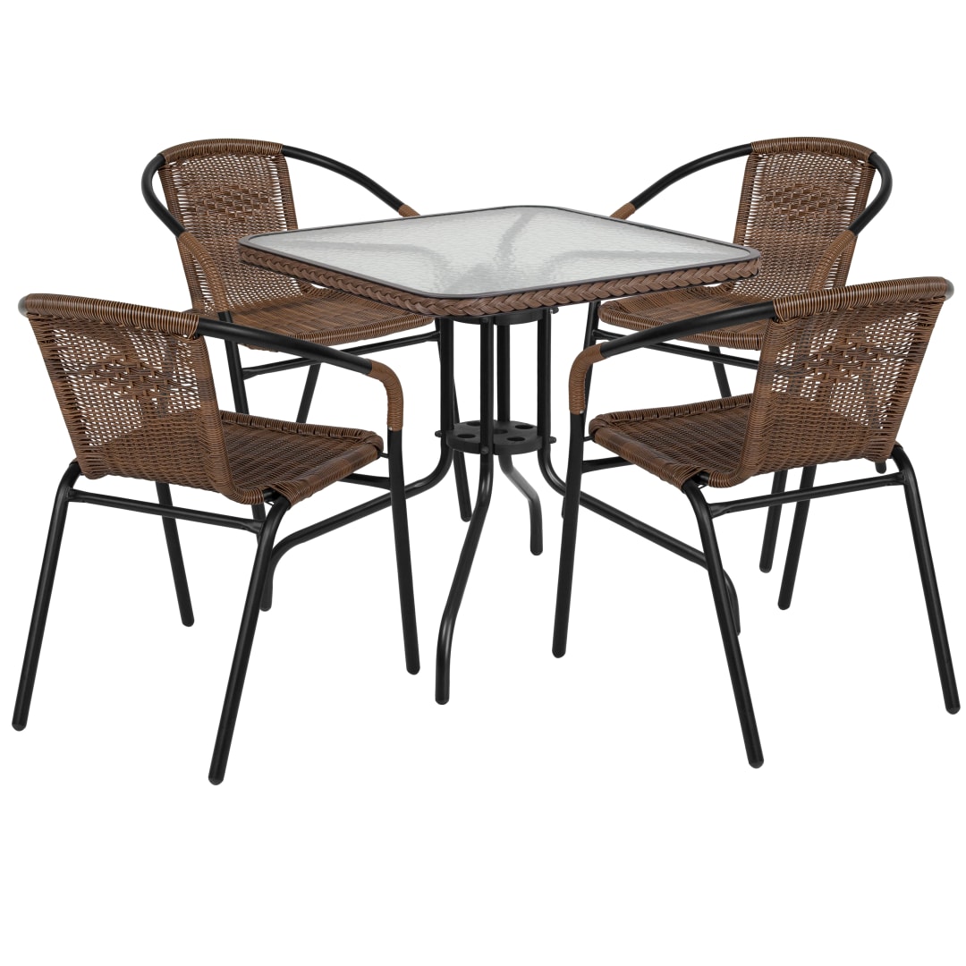 Lila 28'' Square Glass Metal Table with Dark Brown Rattan Edging and 4 Dark Brown Rattan Stack Chairs