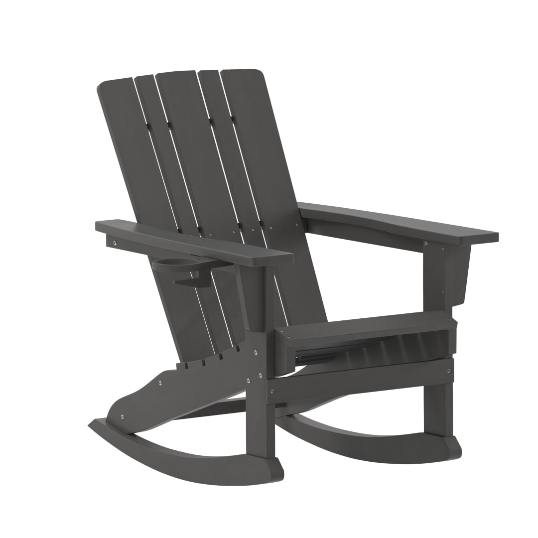 Halifax Adirondack Rocking Chair with Cup Holder, Weather Resistant HDPE Adirondack Rocking Chair in Gray