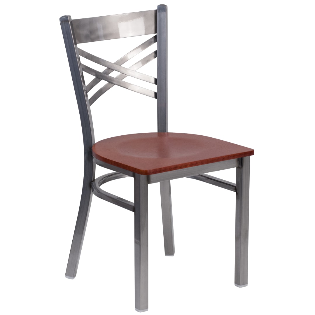 HERCULES Series Silver Antique Finish with Clear Coat ''X'' Back Metal Restaurant Chair - Cherry Wood Seat