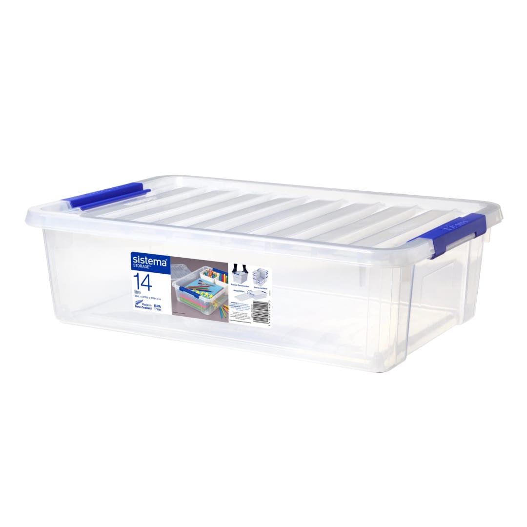 Sistema Plastic Storage Box with Clip-Close Lid | 14 Litres ( 49.5 x 13.8 x 32 cm) | Stackable Container Perfect for Garage, Laundry, Bedroom or Office