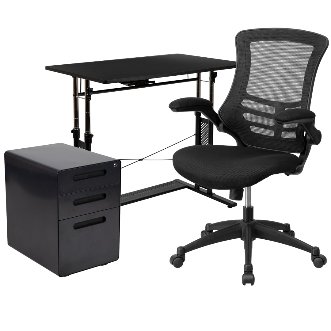 Stiles Work From Home Kit - Adjustable Computer Desk, Ergonomic Mesh Office Chair and Locking Mobile Filing Cabinet with Inset Handles