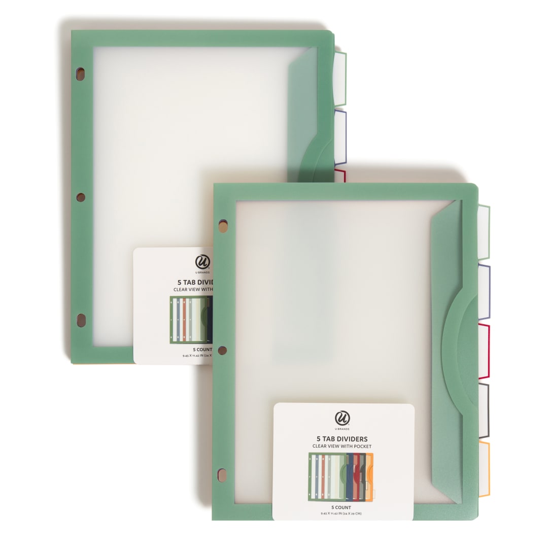 5 Tab Dividers - Clear View, 1/5 Cut, 3" Expansion, 5 Pockets, 5 Dividers, Clear, 11.43" x 9.46" x 0.8"