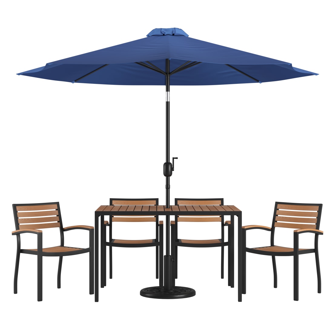 Lark 7 Piece Outdoor Patio Dining Table Set with 4 Synthetic Teak Stackable Chairs, 30" x 48" Table, Navy Umbrella & Base
