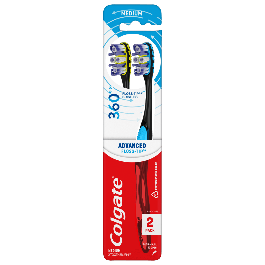 Colgate 360 Advanced Floss Tip Medium Bristles toothbrush for adults 2 pck