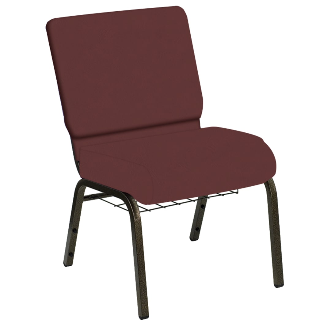 Embroidered HERCULES Series 21''W Church Chair in E-Z Oxen Maroon Vinyl with Book Rack - Gold Vein Frame