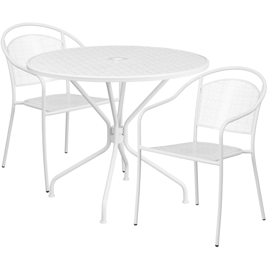 Oia Commercial Grade 35.25" Round White Indoor-Outdoor Steel Patio Table Set with 2 Round Back Chairs