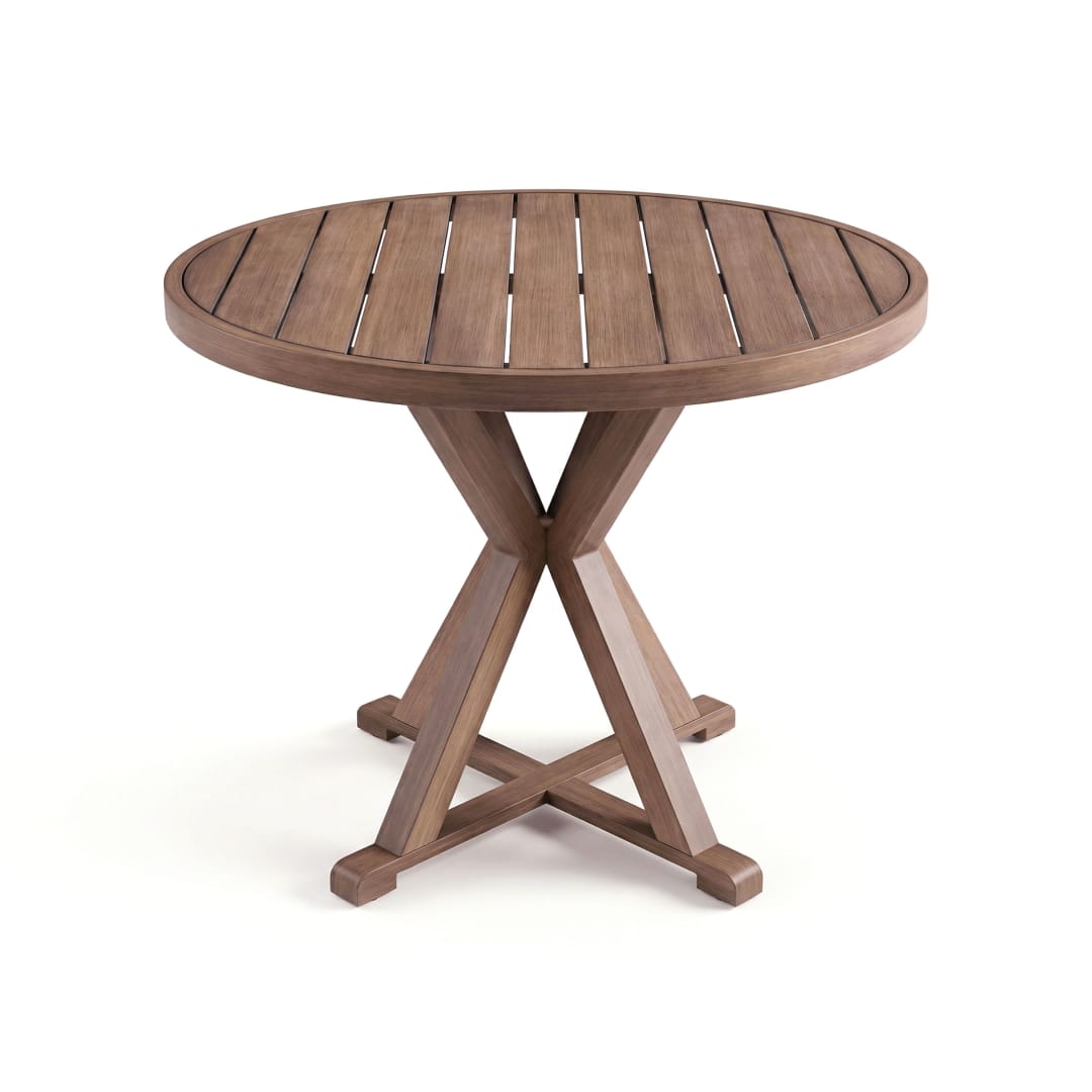 Bedford 36" Round Indoor-Outdoor Patio Table with Trestle Base in Brown Brushed Woodgrain Aluminum Finish