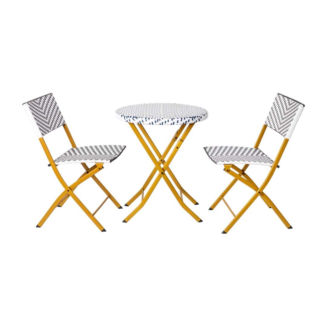 Rouen Three Piece Commercial Grade Foldable Bistro Set, Indoor/Outdoor PE Rattan Back, Seat and Table Top, Navy/White with Natural Steel Frames