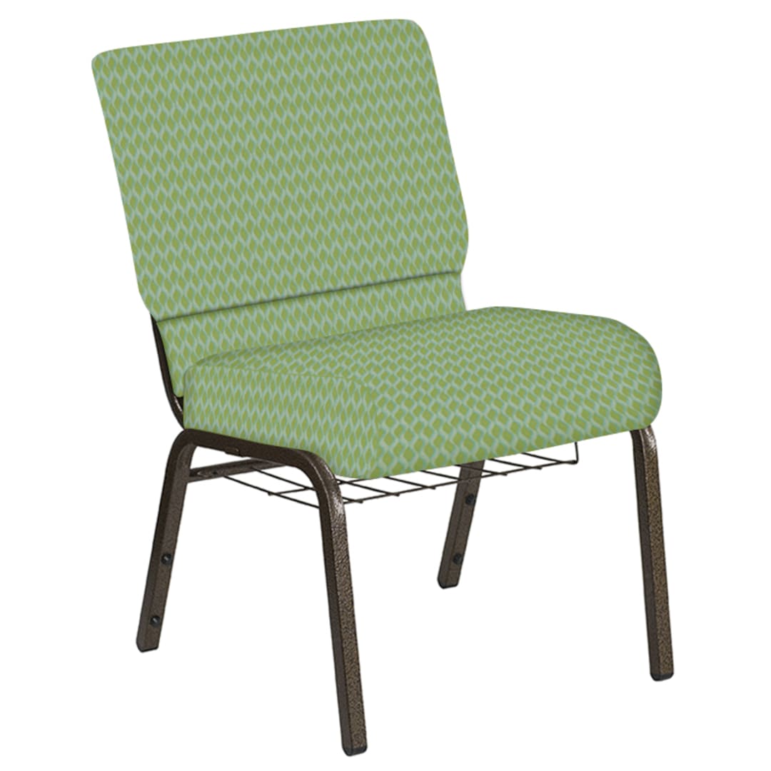 Embroidered 21''W Church Chair in Rapture Lime Fabric with Book Rack - Gold Vein Frame