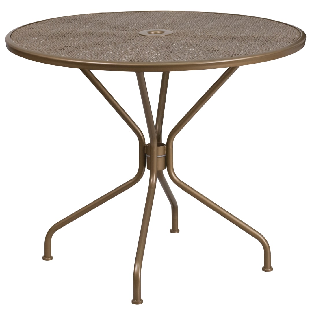 Oia Commercial Grade 35.25" Round Gold Indoor-Outdoor Steel Patio Table with Umbrella Hole