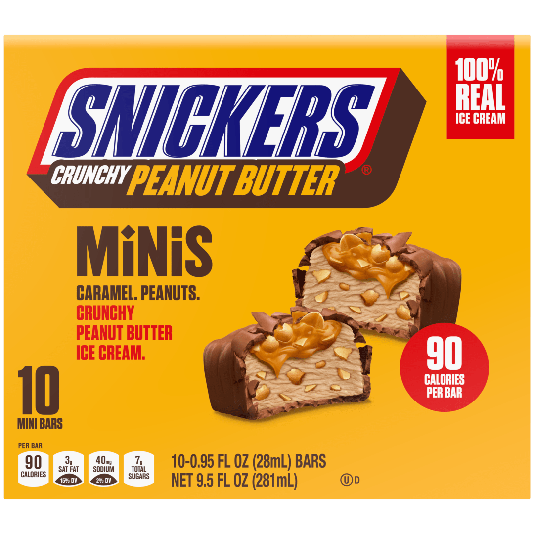 SNICKERS Ice Cream Minis, Milk Chocolatey, Caramel and Crunchy Peanut Butter Ice Cream Bars, 10 Pack, 9.5 Oz