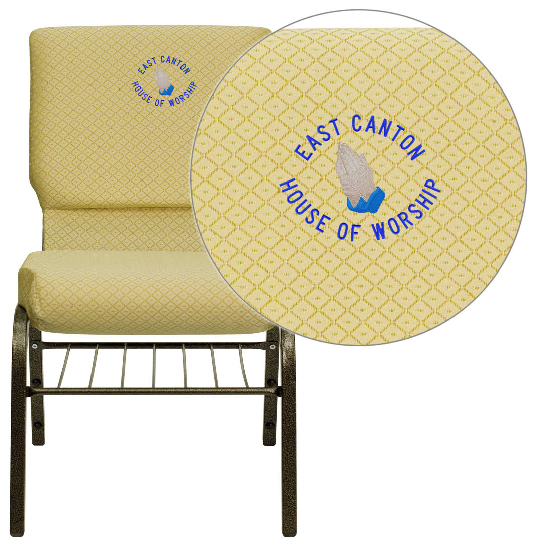 Embroidered HERCULES Series 18.5''W Church Chair in Beige Patterned Fabric with Book Rack - Gold Vein Frame