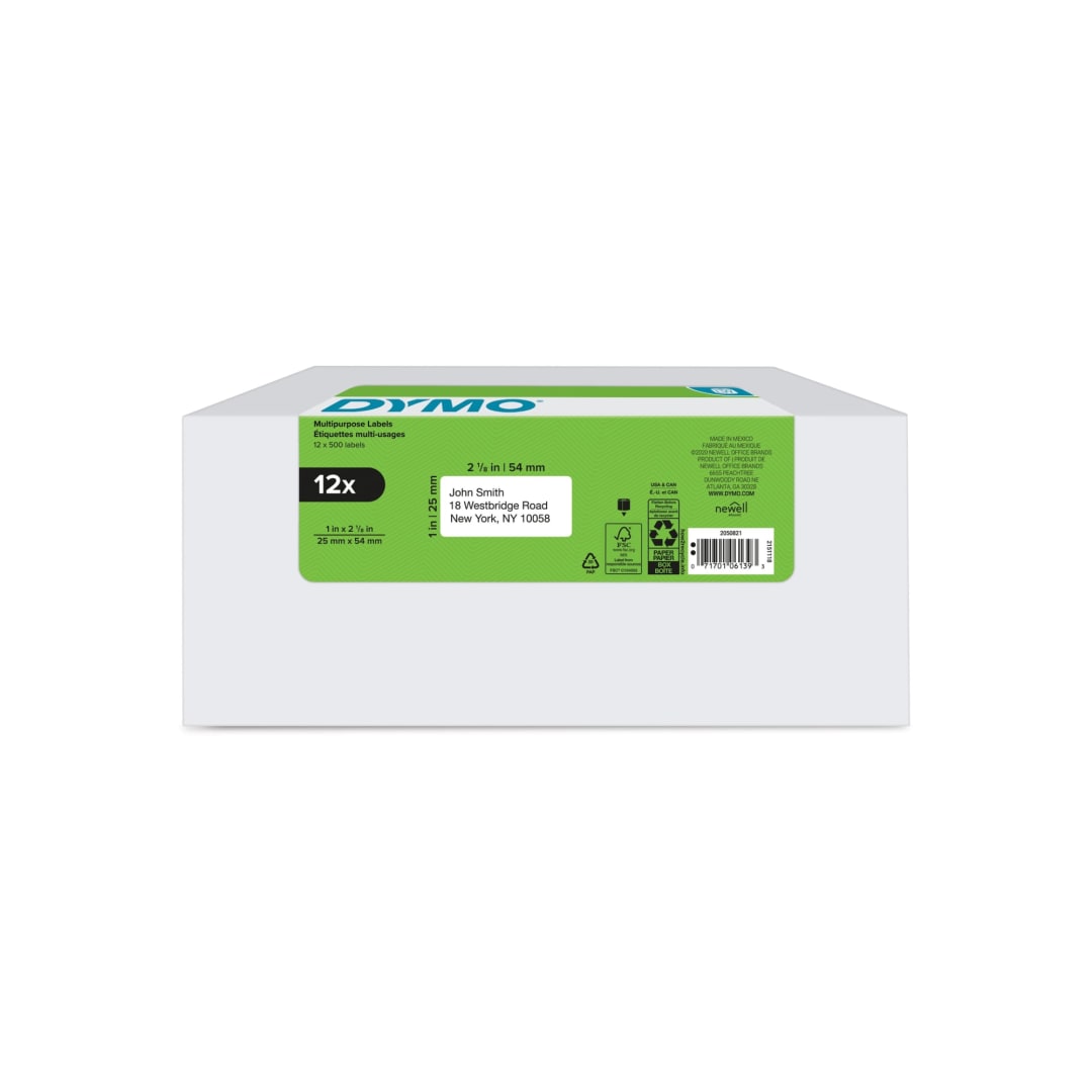 DYMO® Authentic LW Multi-Purpose Labels for LabelWriter™ Label Printers, White, 1" x 2-1/8", 12 rolls of 500 (6000 Total)