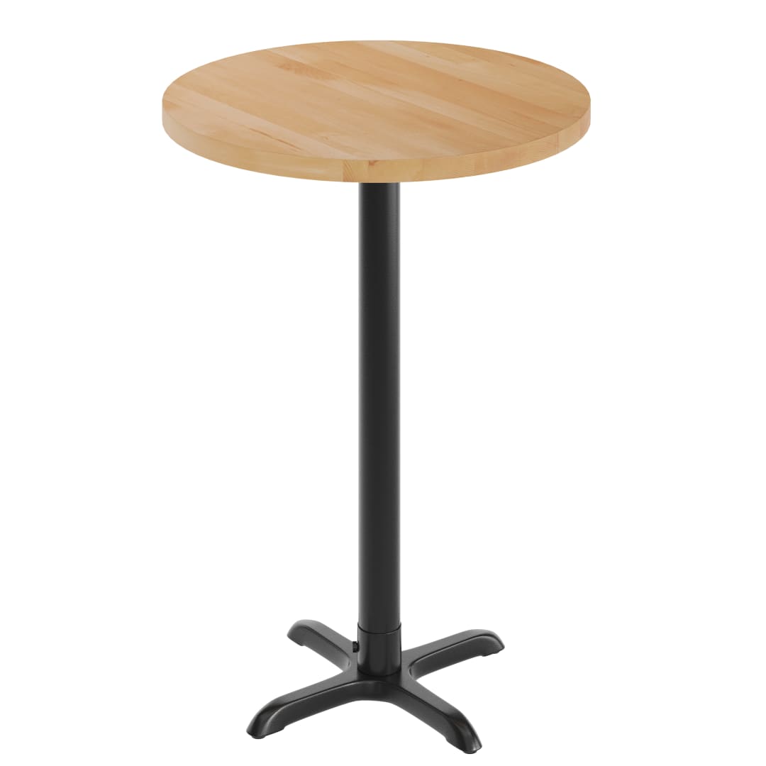 Bennett 30" Round Solid Wood Commercial Indoor Tabletop in Natural with 22" x 22" Bar Height Rust-Resistant Black Cast Iron X-Base