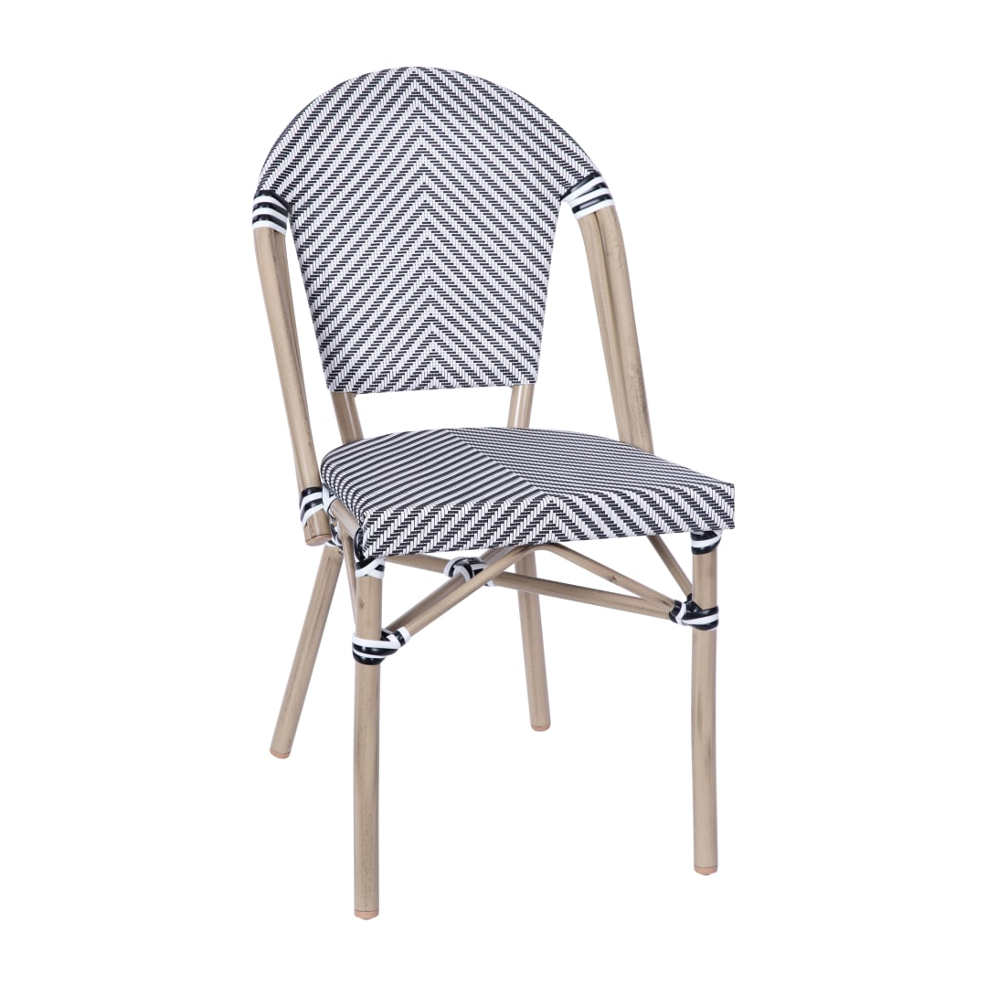 Marseille Indoor/Outdoor Commercial Bistro Stacking Chair, Black/White Textilene Back and Seat, Bamboo Print Aluminum Frame in Light Natural