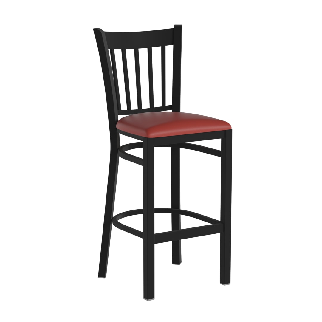 HERCULES Black Vertical Back Metal Restaurant Barstool - Red Vinyl Seat