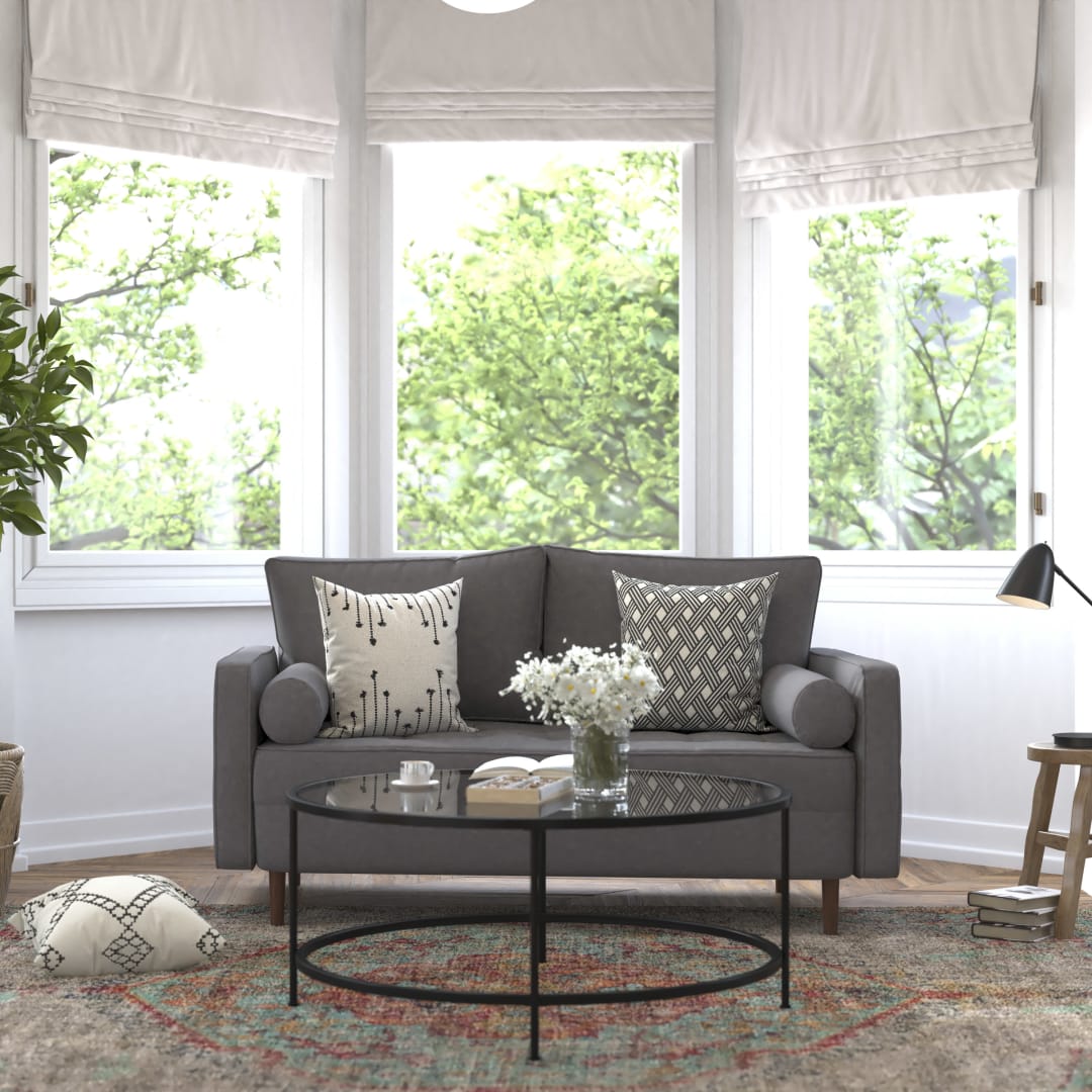 Hudson Mid-Century Modern Loveseat Sofa with Tufted Faux Linen Upholstery &amp; Solid Wood Legs in Dark Gray