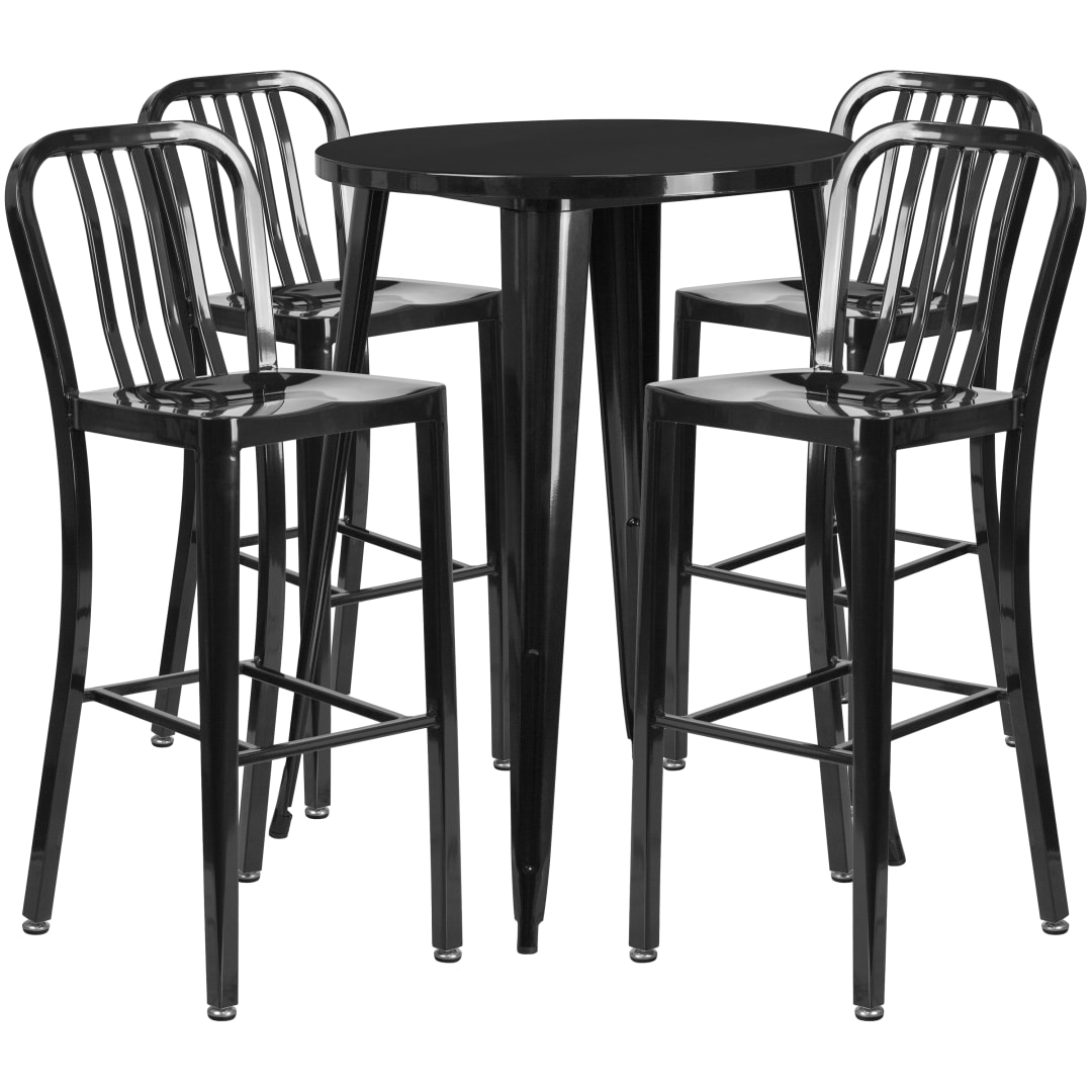 Tristan Commercial Grade 30" Round Black Metal Indoor-Outdoor Bar Table Set with 4 Vertical Slat Back Stools