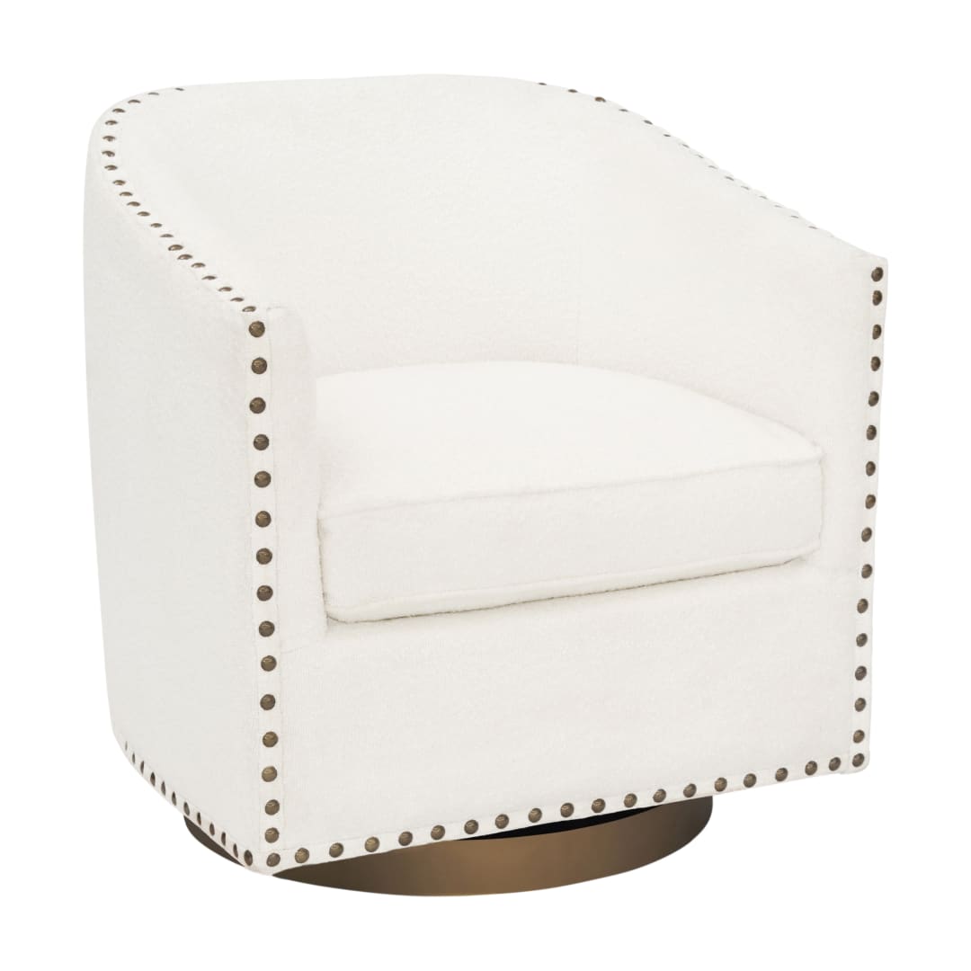 Myles Club Style Commercial Barrel Accent Armchair with 360° Swivel Metal Base and Cream Boucle Upholstery with Brass Decorative Nail Head Trim
