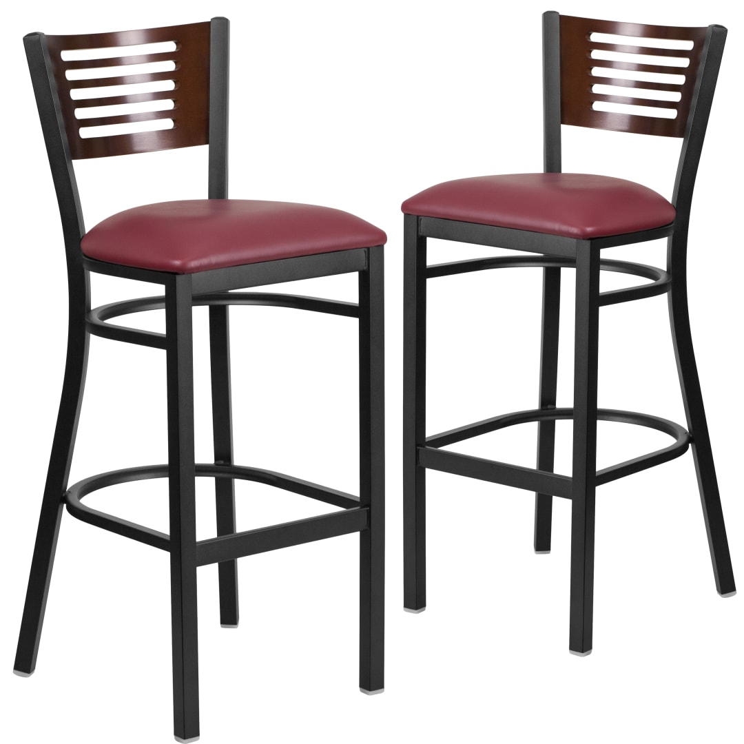 2 Pk. HERCULES Series Black Slat Back Metal Restaurant Barstool - Walnut Wood Back, Burgundy Vinyl Seat