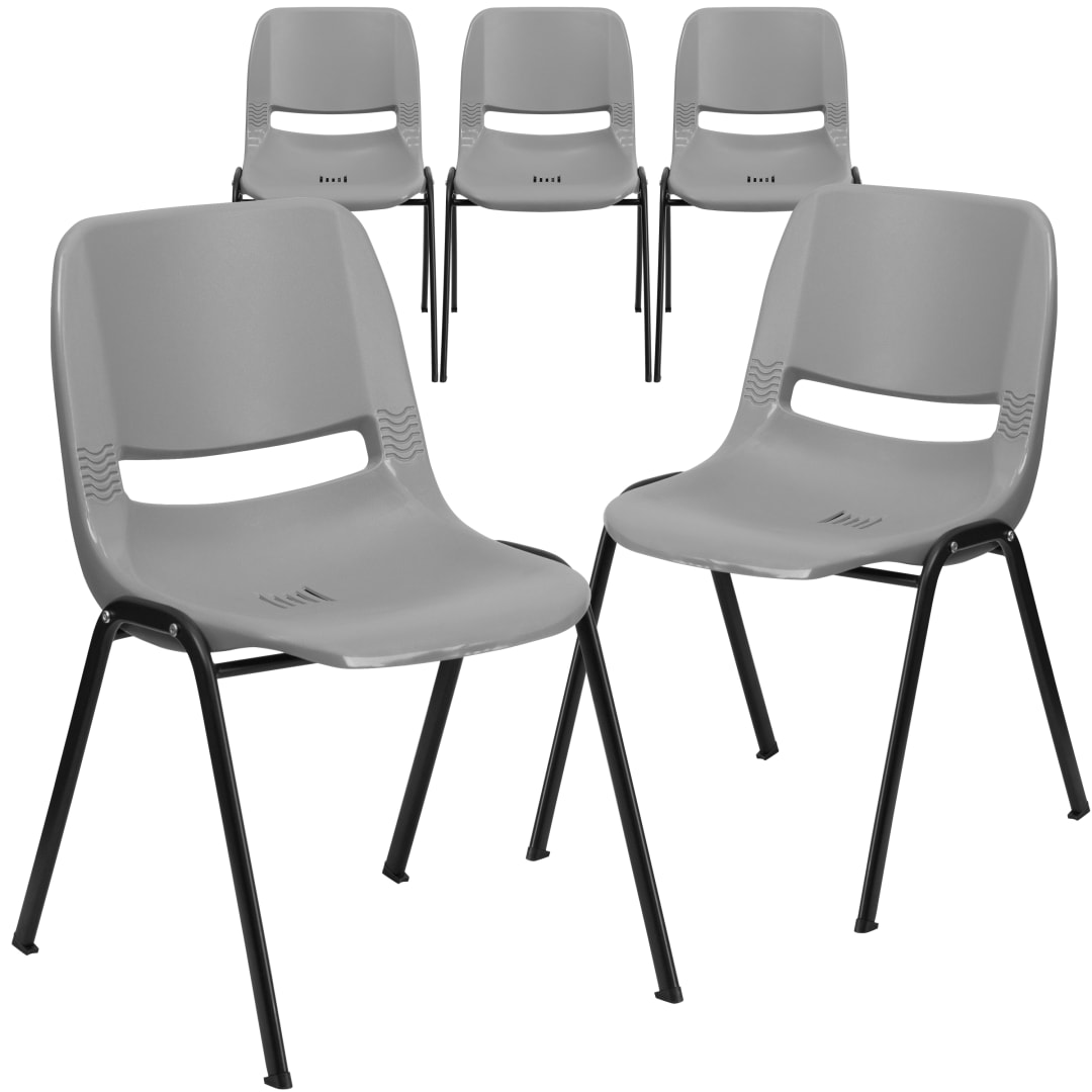 5 Pack HERCULES Series 880 lb. Capacity Gray Ergonomic Shell Stack Chair with Black Frame