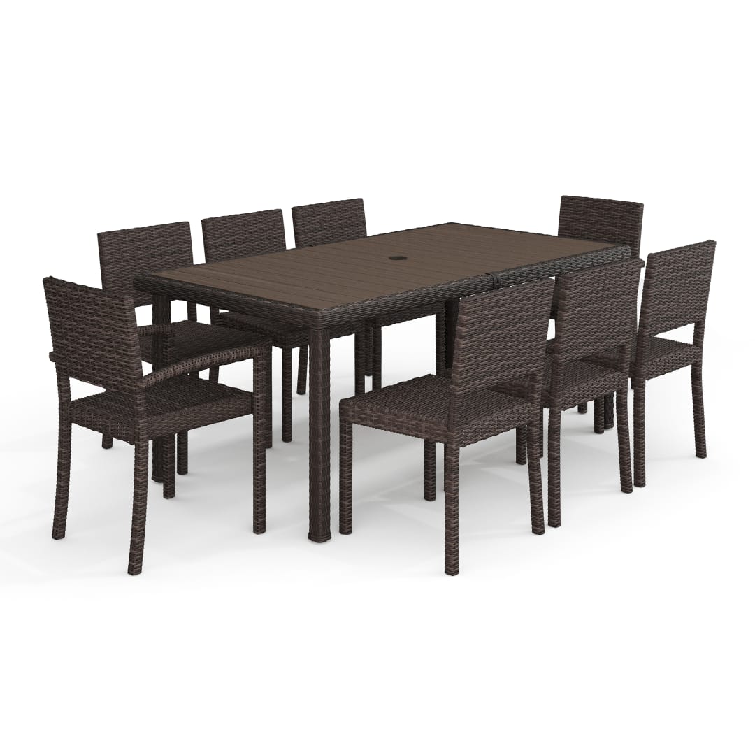 Bedford 9-Piece Indoor-Outdoor Dining Set with 8 Stackable Dining Chairs and 71" Patio Table with Engineered Wood Top in Brown Rattan Wicker
