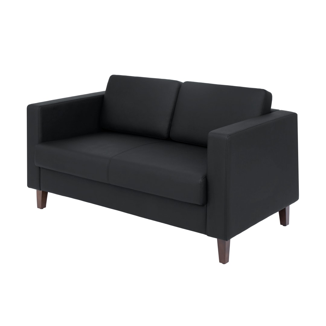 HERCULES Artemis Black LeatherSoft Reception Loveseat with 2 AC Outlets/1 USB/1 USB-C Ports and Solid Wood Walnut Legs with Adjustable Floor Glides