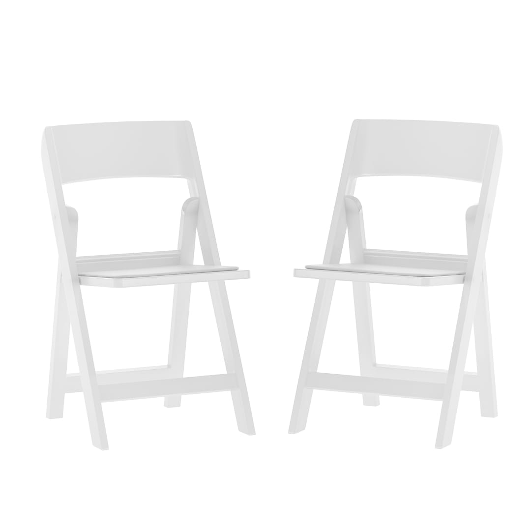 Hercules Tucker Set of 2 White Lightweight Foldable Chairs with Removable White Vinyl Padded Seats for Indoor Outdoor Use