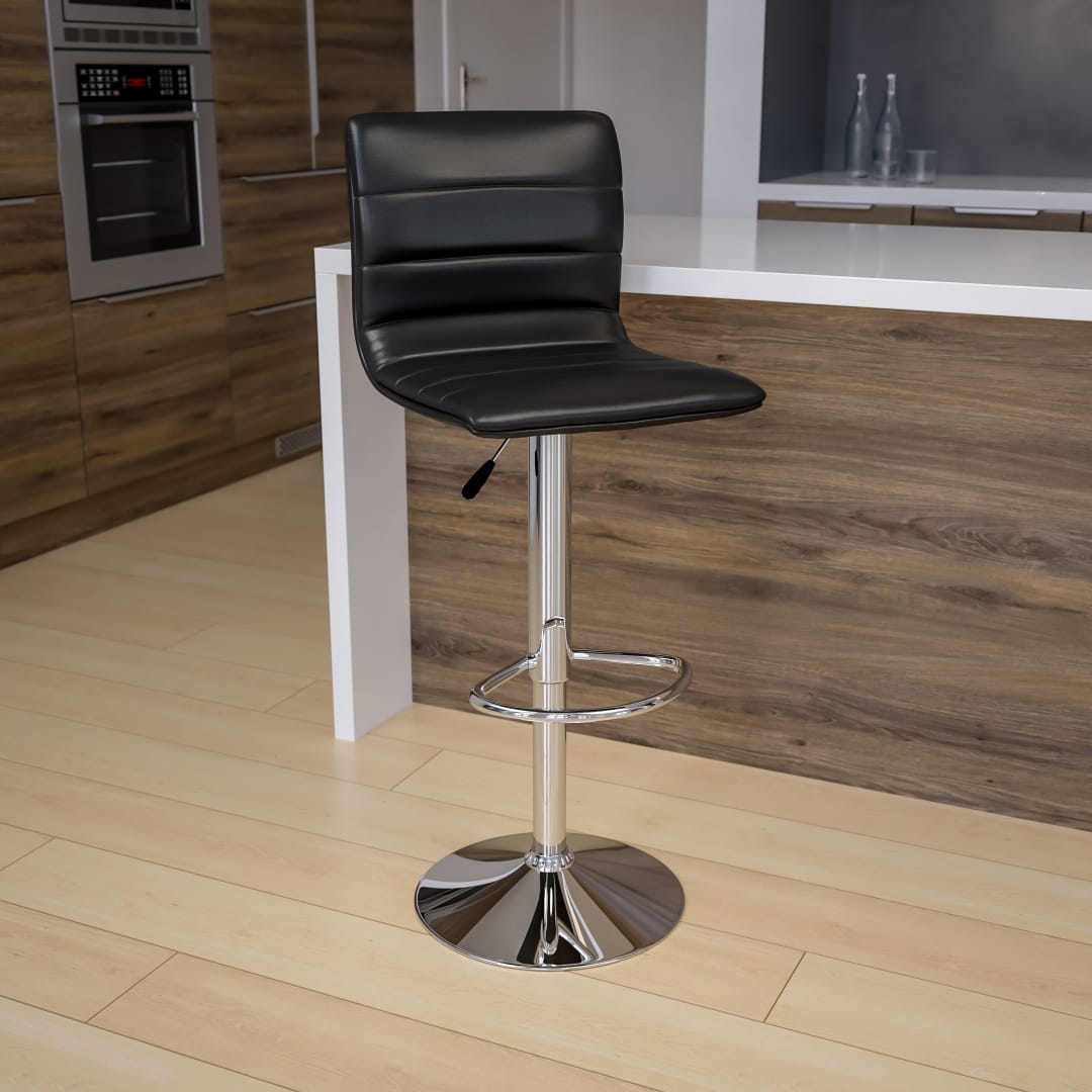 Vincent Modern Black Vinyl Adjustable Bar Stool with Back, Swivel Stool with Chrome Pedestal Base and Footrest